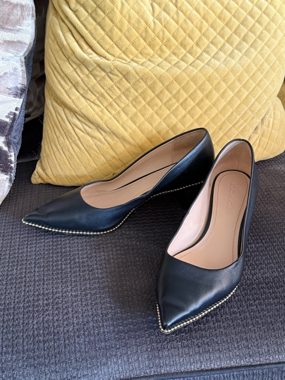 Coach Black Pointed Leather Pumps with Gold Accent